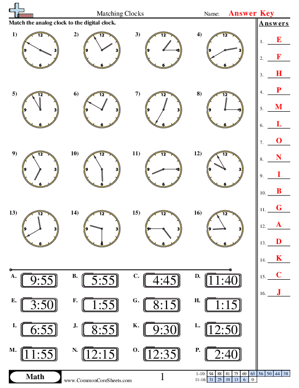 - Matching Clocks (5 Minute Increments) worksheet